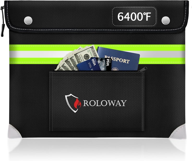 ROLOWAY Upgraded Fireproof Document Bag (14.5 x 11.5 inch) with 6400℉ Aluminum Foil Layer, Fireproof Safe Bag for Documents with Front Pocket and Reflective Strip - Image 1